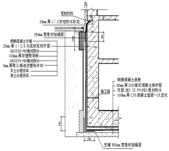 图3  外墙防水采用外防外贴做法(单位:mm)